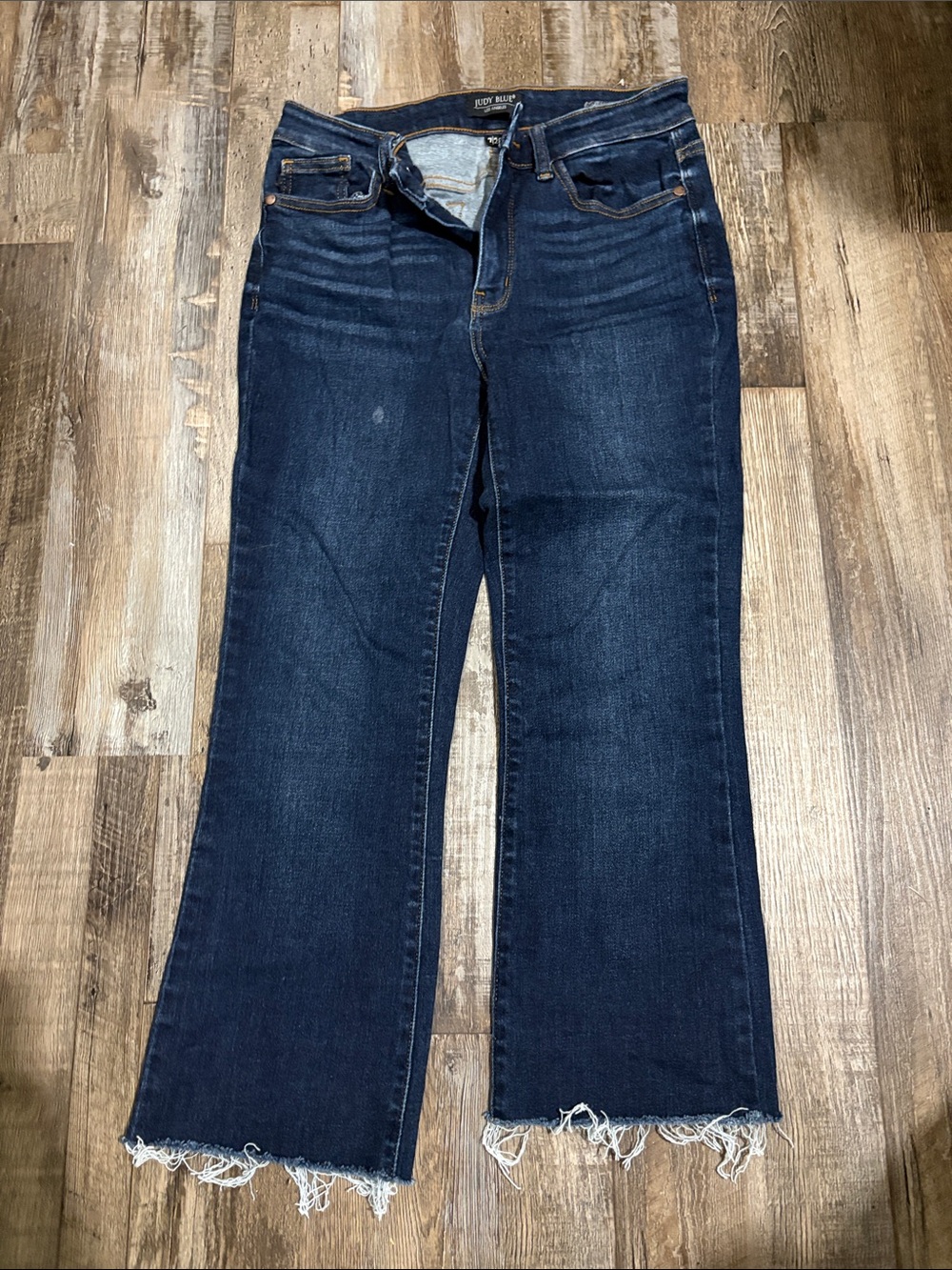 Judy Blue Dark Blue Bootcut Jeans with Frayed Hem